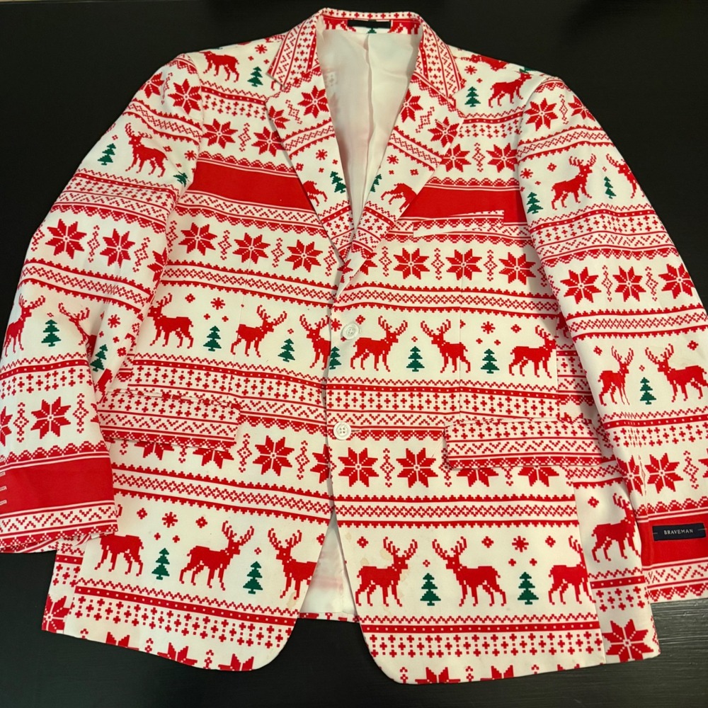 Braveman Mens Christmas Suit Fair Isle Reindeer Snowflake Red White‎ 46R 40W - Picture 2 of 12